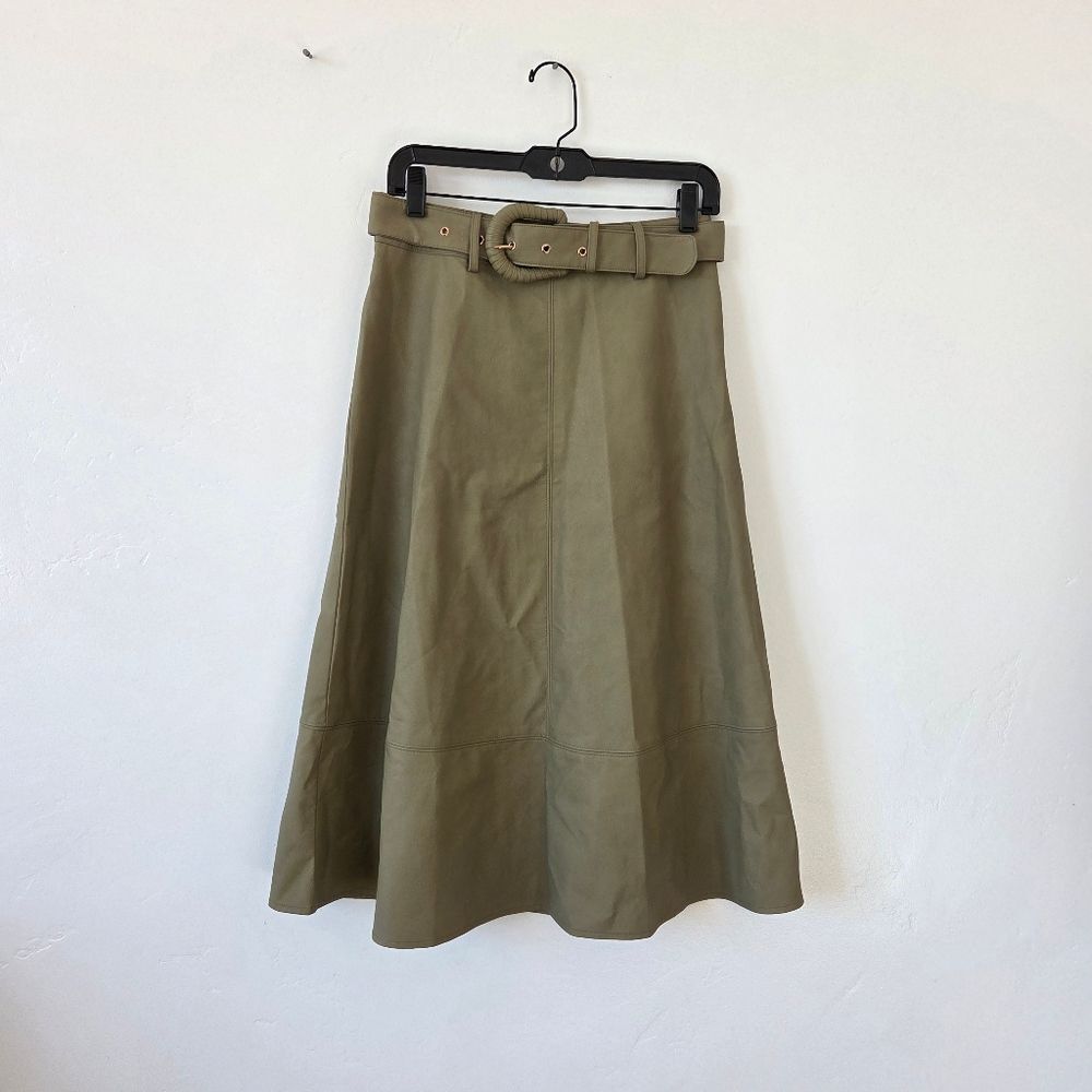 Olive Green Faux Leather Skirt A-Line Belted Modest Retro Western Country Small